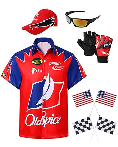 6PCS Adult Characters Costumes in Talladega Nights Shirt Hat Sunglasses Gloves and Small Flags Set Robust Men Race Car Driver Costume for Themed Performances Daily Costumes Red