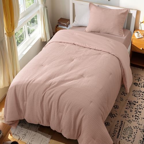 Image of PHF Soft Waffle Comforter Set Twin Size- Comfy Breathable Waffle Weave Comforter with 1 Pillow Shams, 2 Pieces Less Snagging Lightweight Textured Bedding Set for All Season, Rose Pink