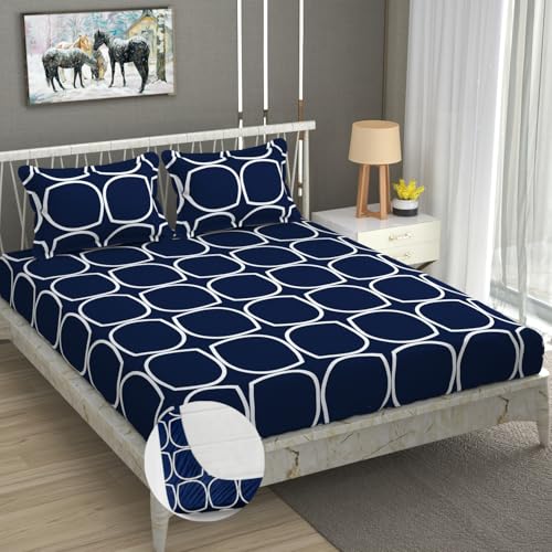 Image of Vram Premium Heavy Cotton Elastic Fitted Bedsheets with 2 King Size Pillow Covers || Double Bed with All Around Elastic 350 TC || 60 x 78 x 8 Inch Queen Size Fitted || :- Blue Round