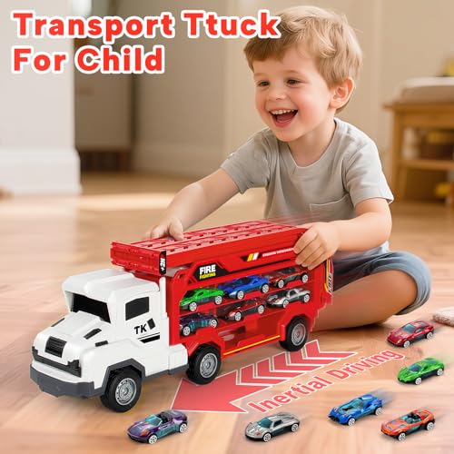 Image of BainGesk Truck Car Toys for 3, 4, 5, 6 Years Old Boys Girls, 25 in Race Track Truck Toys, Foldable 2 Layer Carrier Transport Car with 6 Metal Cars, Birthday Toys Gifts for Toddler