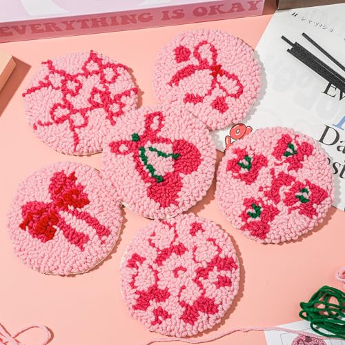Image of WATINC Bow Tie Punch Needle Coaster Kit - 22Pcs Easy Art Work Decor Craft Supply for Beginners, DIY Set of 6 Pink Bow Tie Tufted Rug Pads with Adhesive Felt Yarns Embroidery Hoop Tools Instruction