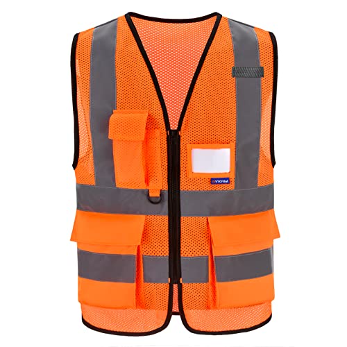 Image of ANSI /ISEA Standard Class 2 Hi-Vis Vest, Clear ID, Zip, Orange, XL | Orange XL Class 2 breathable mesh vest with reinforced pockets, black front zipper and clear ID holder for utility work.