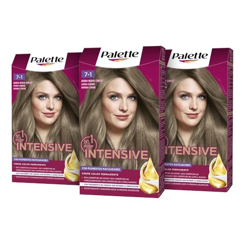 Palette Intensive Creme Color 7-1 Rubio Medio Ceniza, tinte permanente con aceite de macadamia y almendras, cubre el 100% de las canas y raíces, para un pelo radiante, Pack 3