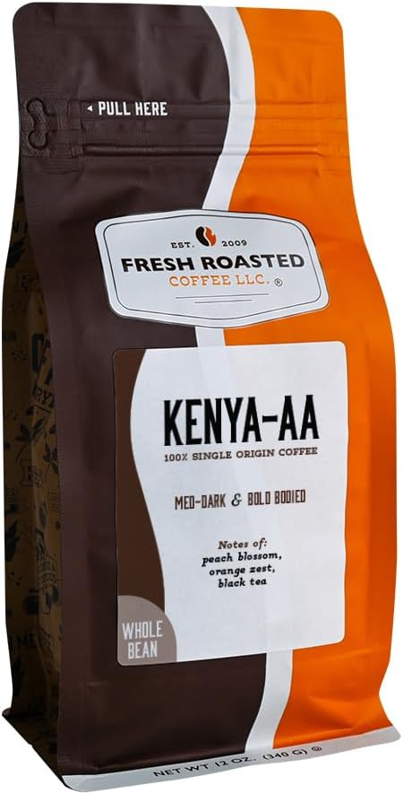 Fresh Roasted Coffee, Kenya AA Whole Bean Coffee, Med-Dark Roast, Kosher, 12 oz