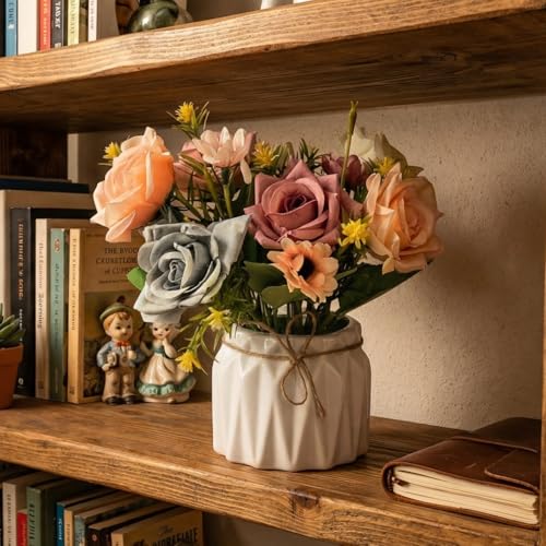 Image of Dekorly Artificial Lavender Plant in White Pot, 18cm - Realistic Faux Flower Arrangement for Home & Office Decor (Set of 1) (1, Rose)