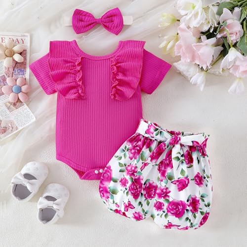 Baby Girl Clothes Newborn Cute Ruffle Short Sleeve Romper Floral Shorts Summer Outfits with Headband 0-18 Months2
