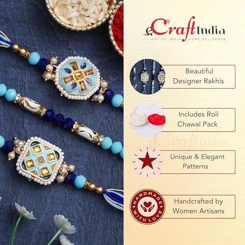Image of eCraftIndia Set of 3 Blue Designer Rakhis, Best Bro Ever Fridge Magnet with Roli Chawal Pack - Rakhis for Brother, Bhabhi, Kids