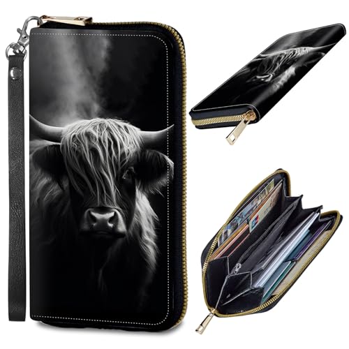 Womens Wallet, PU Leather RFID Cute Wristlet Wallets for Girls Women Ladies Purse Large Credit Card Clutch Purse Card Holder Coin Pocket Travel Wallets with Zipper, Highland Cow Black
