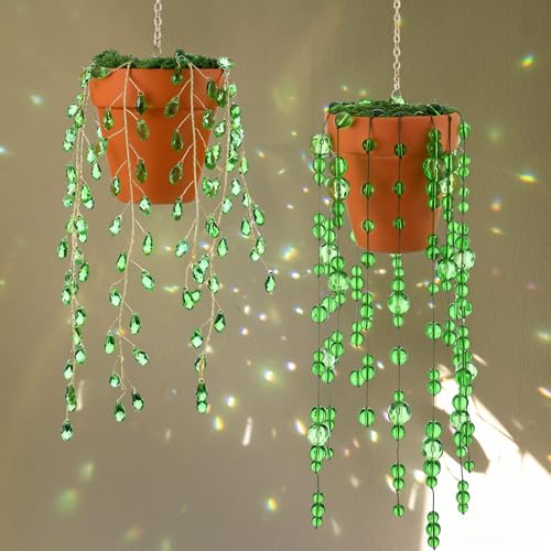 Suncalla 2pcs Beaded Plant Gifts for Plant Lovers Beaded Succulent Plants Sun Catcher Glass Leaf Beads Suncatcher for Window Hanging with Chain Bead Plants Crystal Sun Catchers Home (Classic Style)