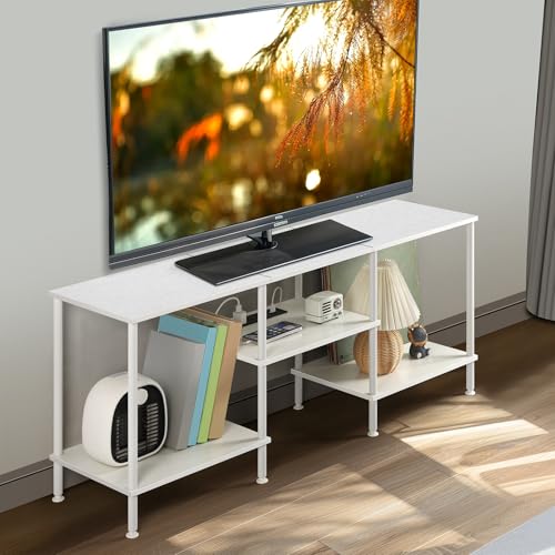 Image of White TV Stand Bedroom with Power Outlets, Small Entertainment Center Stand with Open Storage Shelves for TVs up to 50 Inch, Wood TV Media Console Table with for Living Room, Bedroom