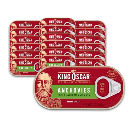 King Oscar Anchovies Fillets in Olive Oil, 2 Ounce Cans (Pack of 18), Wild Caught Canned Anchovies