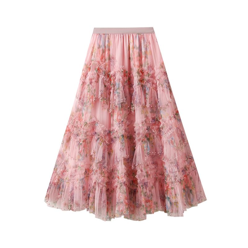 Womens Floral Tulle Skirt with Beads Elastic High Waist Mesh Tutu A-Line Midi Skirts