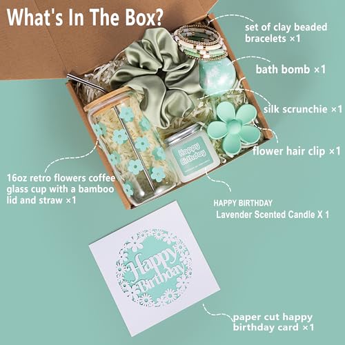 Image of JTEWB Birthday Gifts For Women, Teen Girl, Her, Happy Birthday Gift Box For Girl, Women, Sister, Daughter, Friends, Cute Daisy Aesthetic Glass Cups Gift Set 7pcs (Mint green)