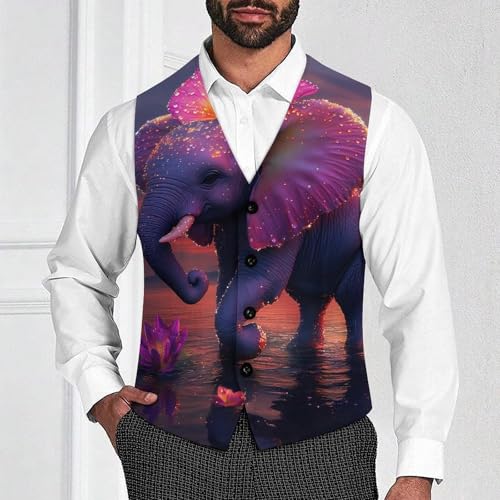 Cute Elephant with Flower Suit Vest for Men Slim Fit Sleeveless Jacket V Neck Business Waistcoat Button Up Dressy Top4