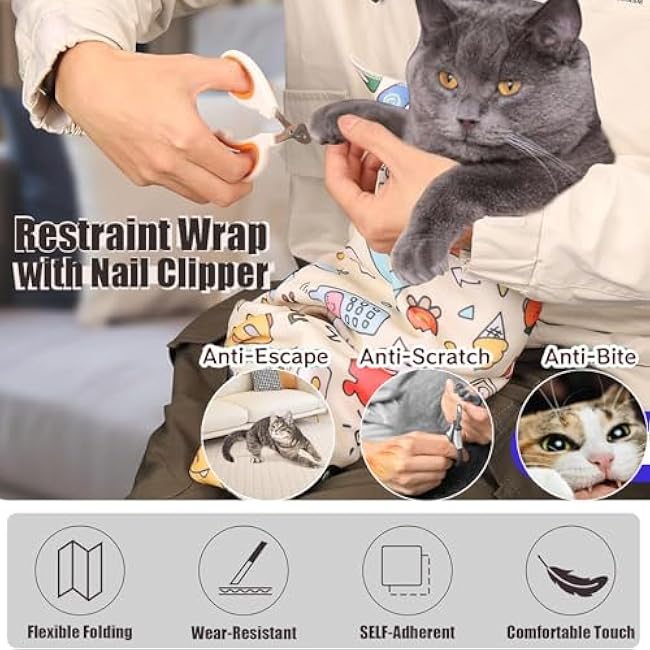 27.6'' Cat Grooming Wrap Cat Wrap for Cutting Nails, Anti-Escape Cat Restraint Wraps for Medicine Nail Clipping Ear Cleaning, Self-Adherent Cat Swaddle Wrap with Nail Clipper - Within 15lbs-QDExQMaD