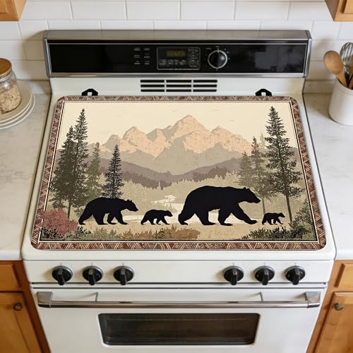 Image of Multi-Design Silicone Stove Cover for Glass /Electric Stoves - 3-in-1 Heat-Resistant Protector Mat, Non-Slip Drying Rack (Bear Family Forest, 28 inch L x 20 inch W)