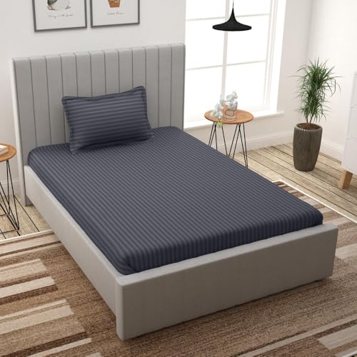 Image of Cotton Satin Stripes Single Bed Sheet with 1 Pillow Cover - Dark Grey