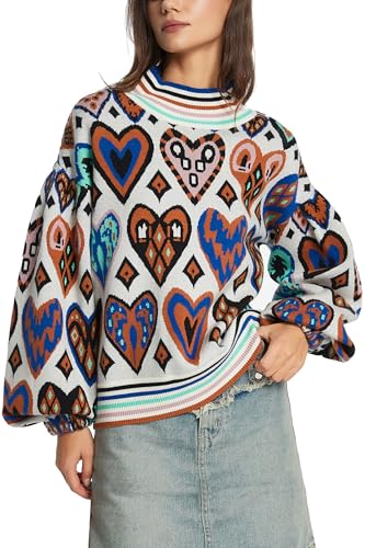 D-Sun Women Long Sleeve Printed Sweater Mock Neck Heart Printed Pullover Sweater Fashion Color Block Knit Ribbed Jumper Top