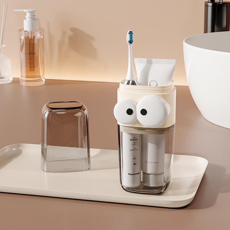 Image of Leawall Travel Toothbrush Holder Bathroom Organizer with Cute Eye Design - Unbreakable, Stackable, Dustproof Water Cups for Kids & Adults - Modern Vanity Accessory
