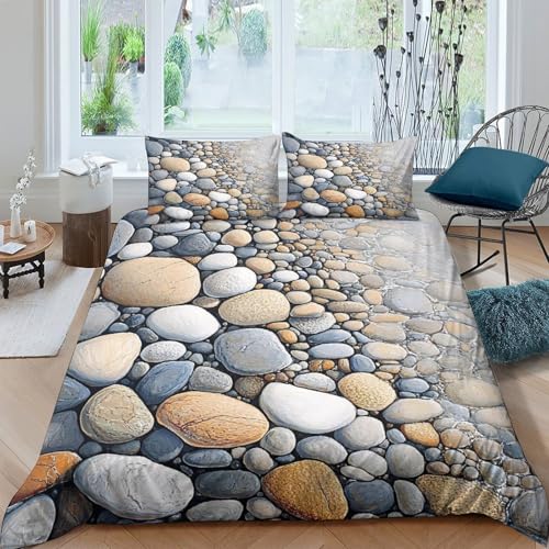 JQZRXKPNHB Ensemble Housse de Couette Galets 3D Imprimé Réaliste Microfibre Douce Décor Chambre Adulte Linge de Lit Respirant Double（200x200cm）