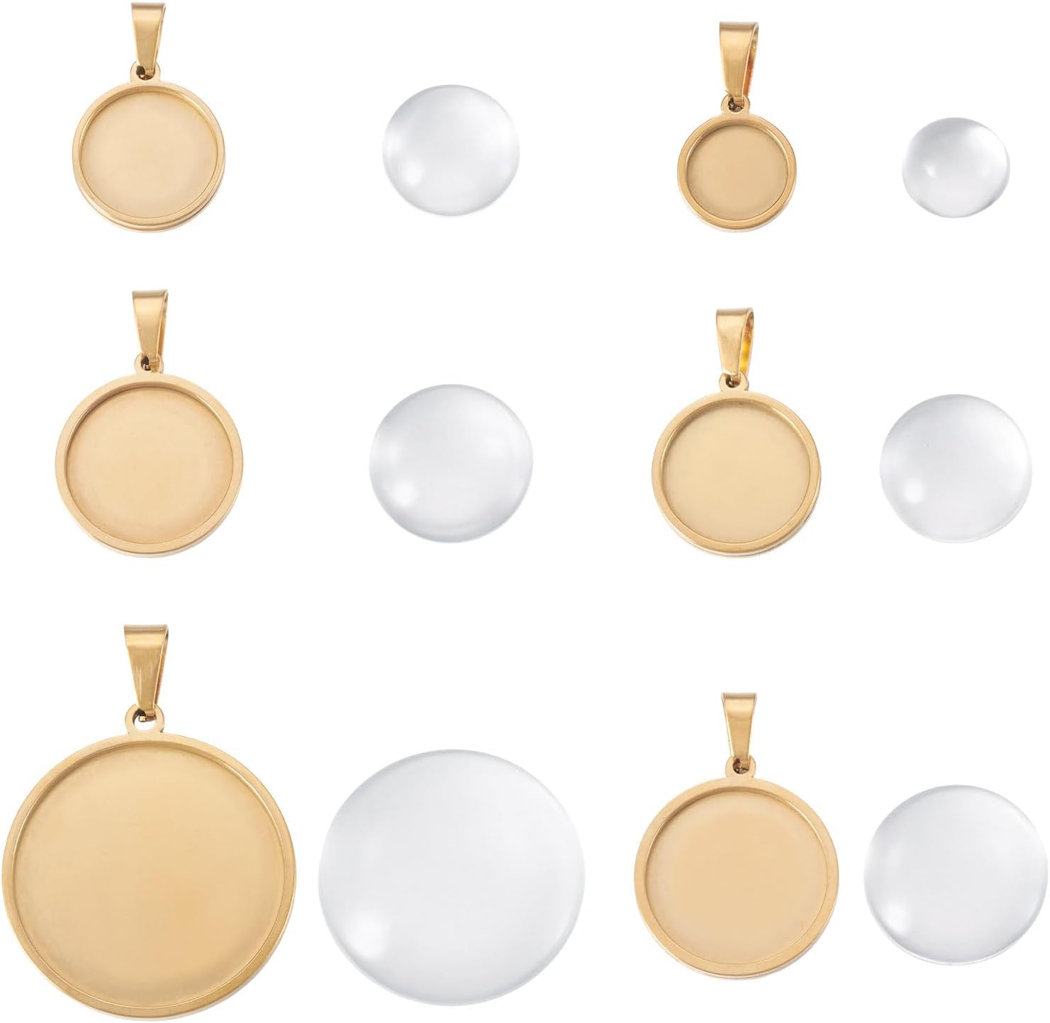 5 Sets Stainless Steel Flat Round Pendant Cabochon Settings 5 Sizes Metal Golden Blank Bezel Setting Tray Charms with Glass Cabochons for DIY Necklace Photo Jewelry Making