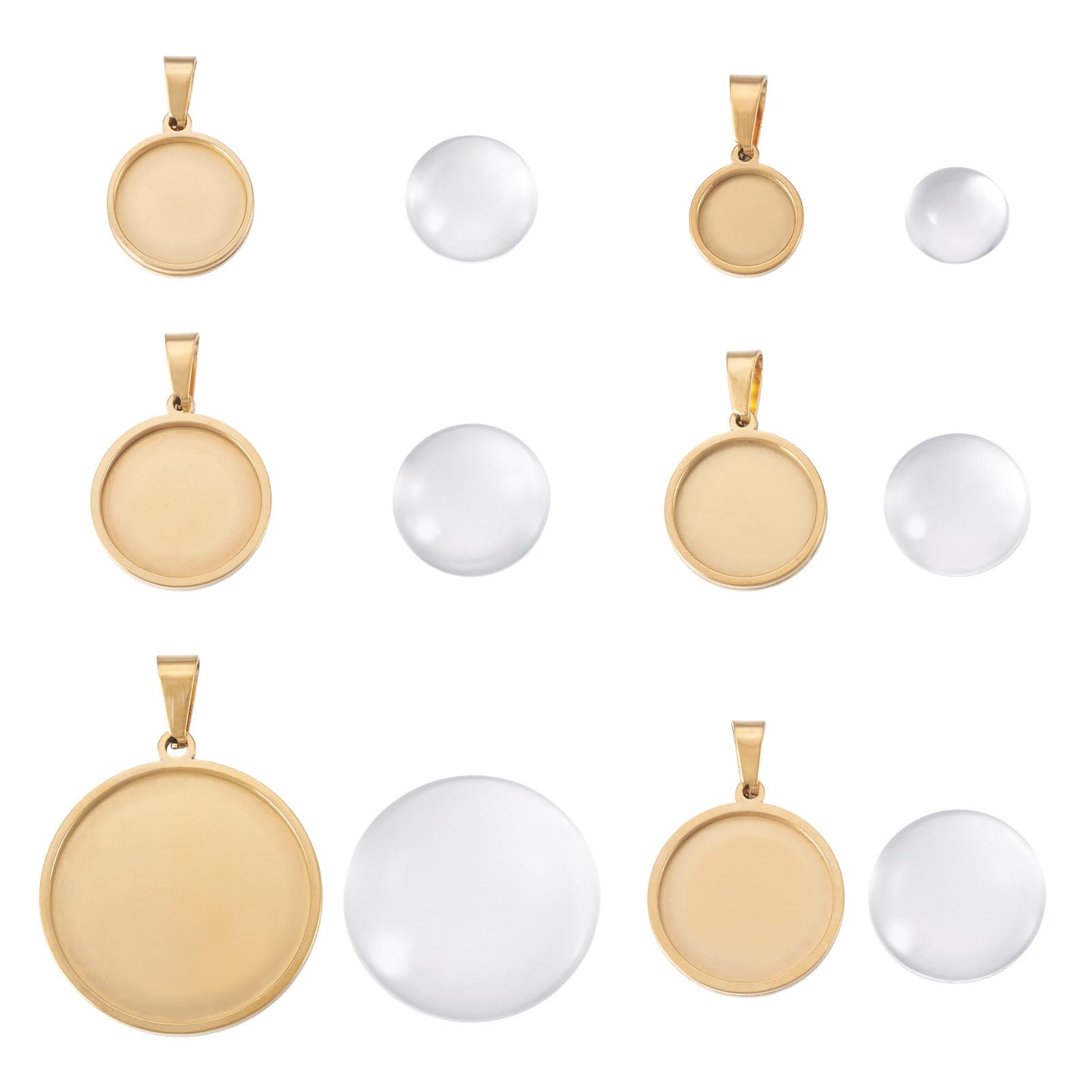 5 Sets Stainless Steel Flat Round Pendant Cabochon Settings 5 Sizes Metal Golden Blank Bezel Setting Tray Charms with Glass Cabochons for DIY Necklace Photo Jewelry Making