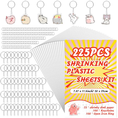 225 Piezas Kit Hojas de Plástico Termocontraíble Plastico Magico Shrink Plastic Plástico Mágico Horno Incluye 25 Papel de Película Retráctil 200 Piezas de Accesorios de Llavero, para Manualidades DIY