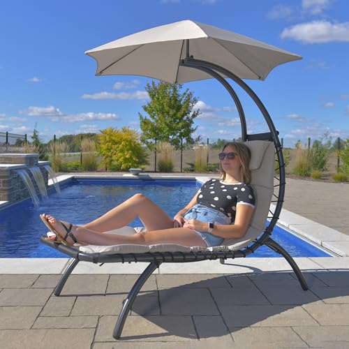 Image of Vivere Original Dream Lounger with 6-Point Umbrella - Durable Spun Polyester, Curved Legs, Spacious Lounging Bed, Perfect for Outdoors & Patio, 74 inch x 41 inch x 84 inch (Cast Silver)