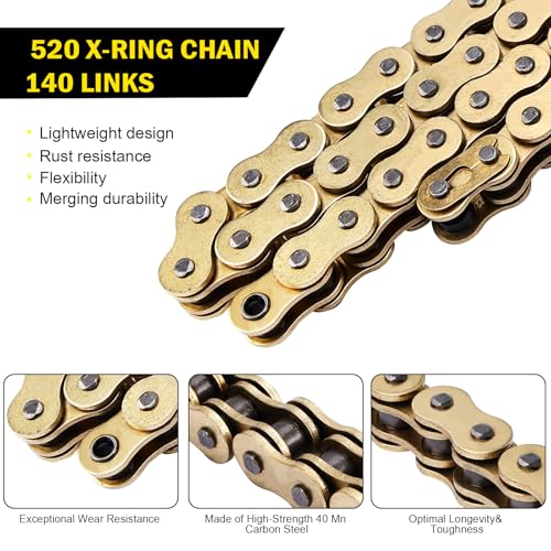 Image of Gold 520 X-Ring Motorcycle Chain 140 Links for Off-Road and ATV with Connecting Master Link - Enhanced Durability & Universal Fit