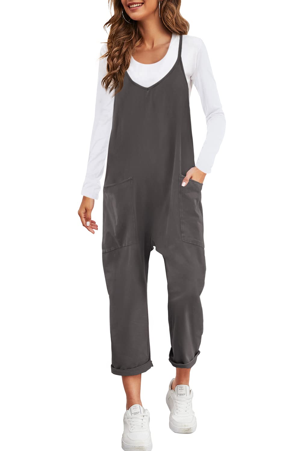 Nirovien Womens Oversized Sleeveless Jumpsuits Spaghetti Strap Loose Overalls with Pocket One Piece Rompers(A-Dark Grey,M)