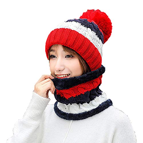 Luoistu Winter Damen Dicke Beanie Hut Schal Set Warmen Schnee dehnbarer caps Skifahren mütze Kreis dehnbarer Schal, Weich, bequem, beste Geschenk für Mädchen oder Damen(Rot)