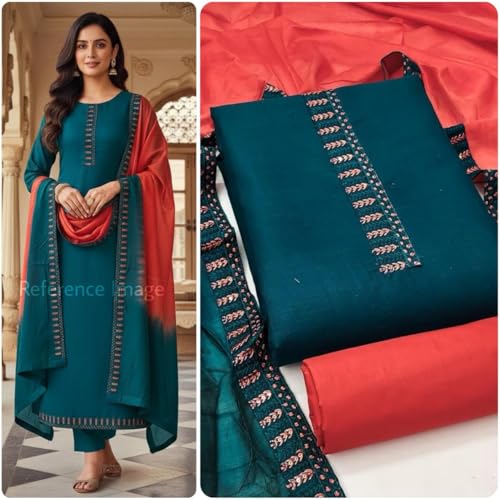 Image of HMP Fashion Womens Bombay Cotton Embroidery Tie Cotton Unstitch dress Material With Chanderi lace bordered Dupatta