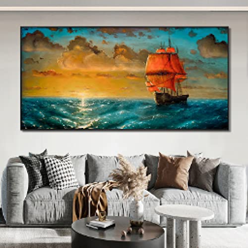 Affiche paysage marin abstrait impression grand format 60x120cm sur toile de lin salon