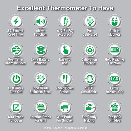 Intel Kitchen Accurate Instant Read Meat Thermometer Dual Probe Alarm Pre-Calibrated Digital Kitchen Oven Bbq Grill Smoker Air Fryer Accessories Backlight Lcd Food Free Meat Temperature Guide - Black #TOP1