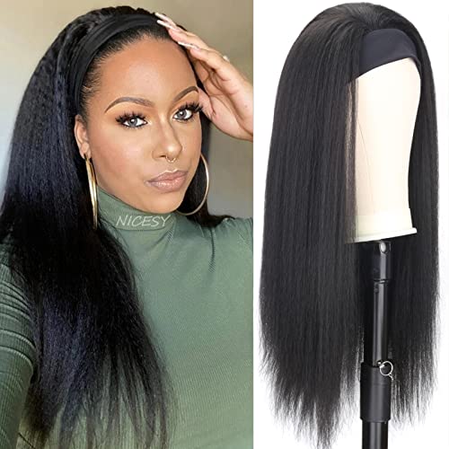 iShine 24Inch Headband Wig Long Yaki Straight Black Headband Wigs for Black Women None Lace Front Glueless Headband Wigs Natural Synthetic Wigs for Women Daily Use-Natural Black