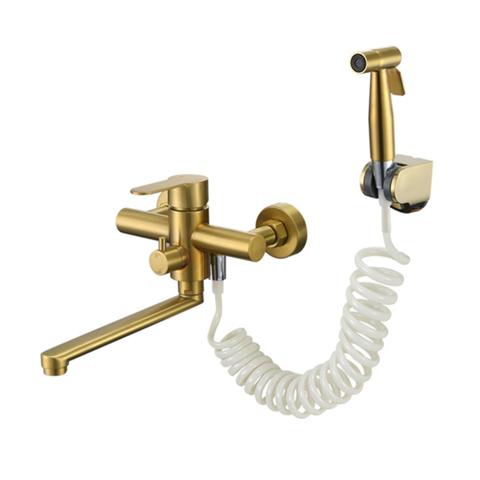 XJTNLB Wasserhahn Küche Wandmontage Ausziehbar 35cm Küchenarmaturen Wandmontage Einhebelmischbatterie Spülarmaturen Küche Edelstahl,Gebürstetes Gold