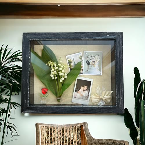 Image of Shadow Box Picture Frame 12x16 Natural Wood Display Case with Linen Back for Memorabilia, Pins, Awards, Medals, Tickets and Photos - Charcoal