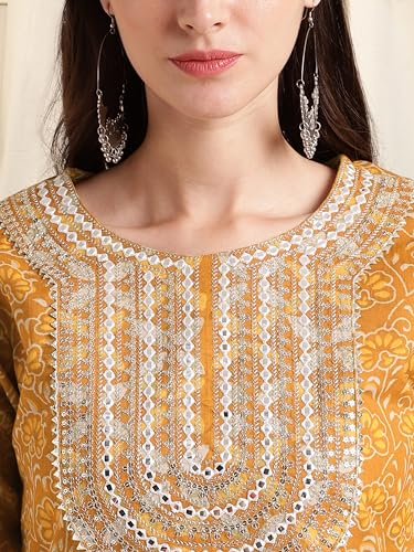 Image of MIRCHI FASHION Pure Cotton Women Straight Print & Thread Embroidery Kurti Set with Dupatta & Pant