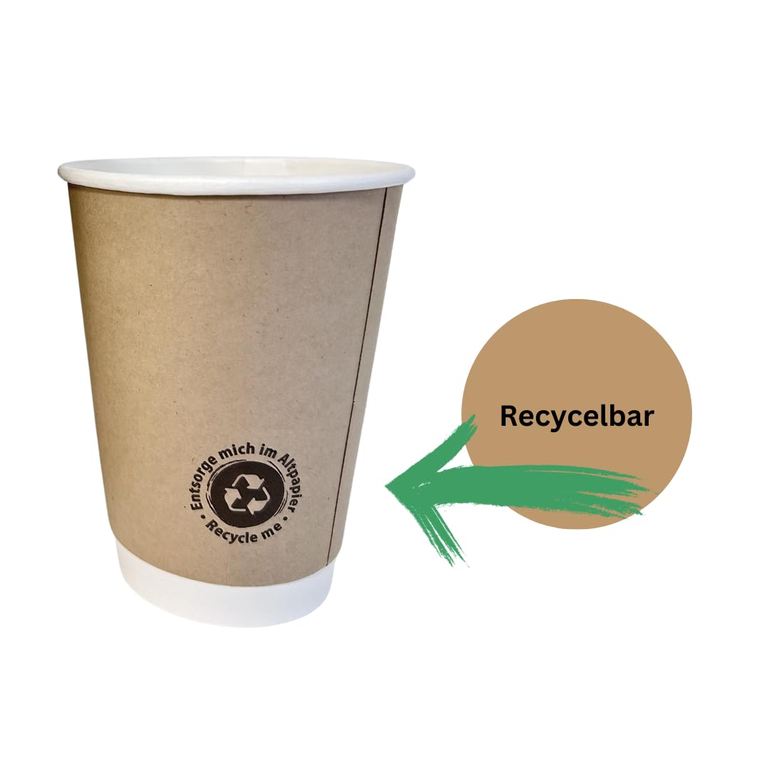 200 Stück Kaffeebecher braun 300ml / 12 oz Ø 90 mm - Doppelwandige Isolierte Pappbecher - plastikfrei - nachhaltige Materialien - Einwegbecher-ToGo Becher
