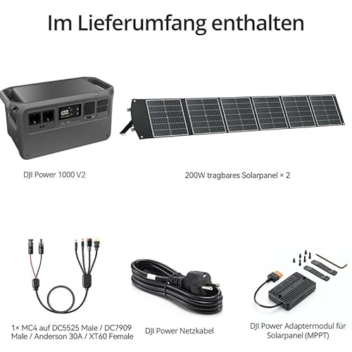 DJI Power 1000 V2 Tragbare Powerstation 1024Wh, mit 2 x 200 W faltbarem Solarpanel, MC4 auf DC5525 Male / DC7909 Male/Anderson 30A / XT60 Female, 1x MPPT, Off-Grid für Camping & Wohnmobile.