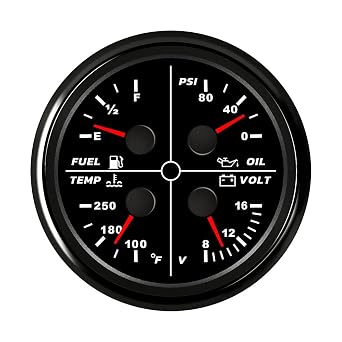 ELING Universal 85mm 4 in 1 Multi-Function Gauge Oil Pressure 0-80Psi Fuel Level 0-190ohm 100-250F Water Temp 8-16V Voltmeter with Red Backlight Black+Black