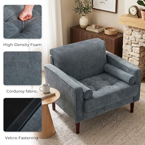 Image of Accent Chairs Stet of 2, Chenille Upholstered Armchairs for Living Room, Comfy Single Sofa Bedroom Reading Seat with 2 Bolster Pillows, Blue