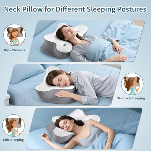 Cervical Neck Pillow for Pain Relief- Ergonomic Memory Foam Pillows for Sleeping, Dual Ear Relief Zone Contour Pillow, Neck Support Pillows for Side Back &Stomach Sleeper (White)