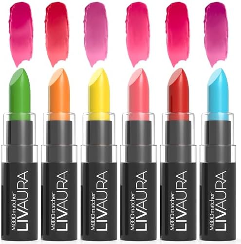 MOODmatcher LIVAURA Long Lasting Lipstick for Women 6 Pack โ Color Changing Moisturizing Cream Lipsticks, Smudge Proof Lip Stick, Easy to Apply Lip Makeup, Made in USA