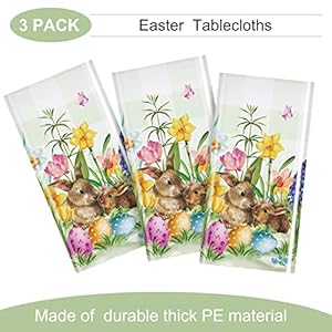 Riakrum 3 Pcs Easter Tablecloth Rectangle Plastic Bunny Eggs Table Cover Floral Table Cloth for Happy Easter Spring Holiday Party Decoration and Supplies 54 x 108 Inch Floral Bunny