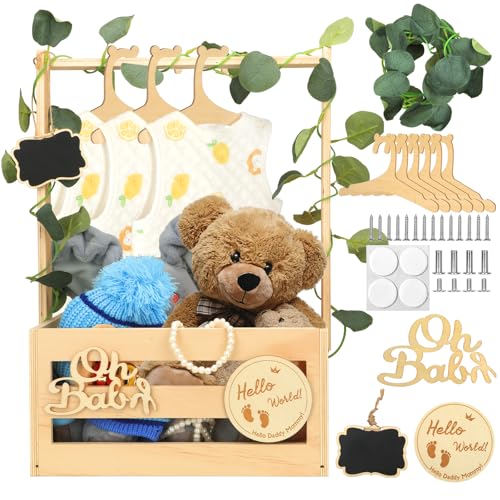 YOMKILU Cesta Regalo Bebe Shower, Caja Regalo de Madera Bebe con asa y 6 perchas de madera, Cesta para Bebes Recien Nacidos con Hojas Decorativas, Caja de Almacenamiento para Navidad, nuevos padres