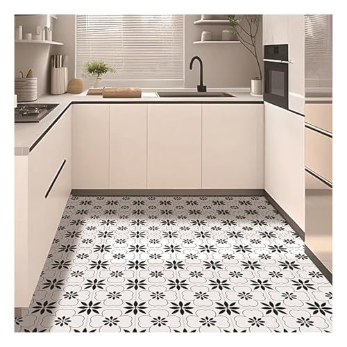 Paquete de 12 calcomanías de azulejos para despegar y pegar, color blanco y negro, 12 x 12 pulgadas, PVC autoadhesivo, flor para cocina, dormitorio, suelo de linóleo