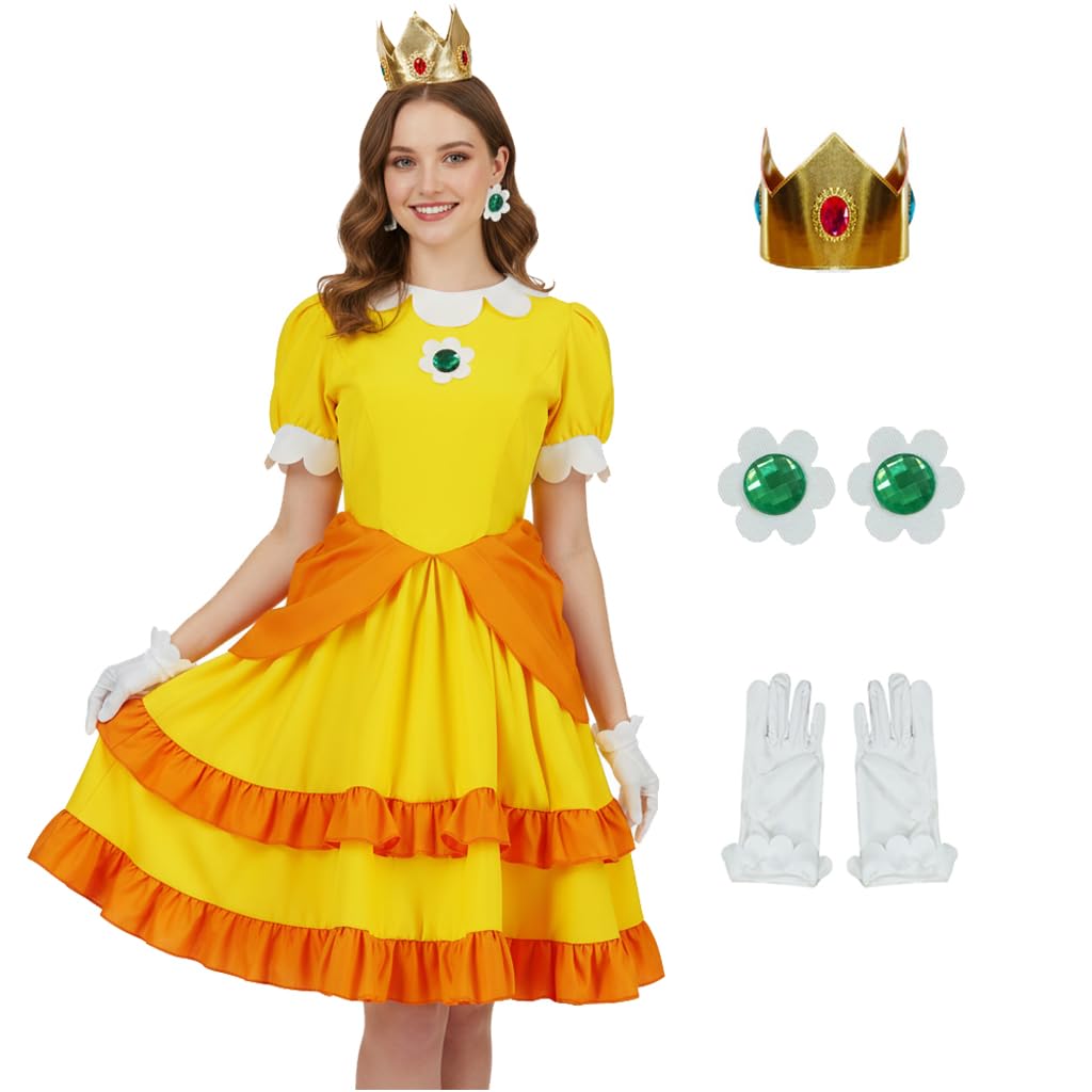 AYYOHON Princess Rosalina Costume Adult Princess Daisy Dress for Women Halloween Cosplay Dress with Crown Earrings Gloves 2XL