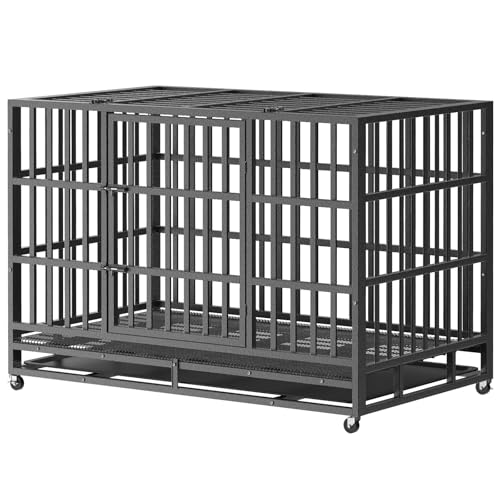 Heavy Duty Indestructible Dog Crate Cage 48Inch, Various Sizes Optional, Escape-Proof Double Door for High Anxiety Dog, Kennel with Lockable Wheels and Removable Trays for Medium Large XL XXL Dogs