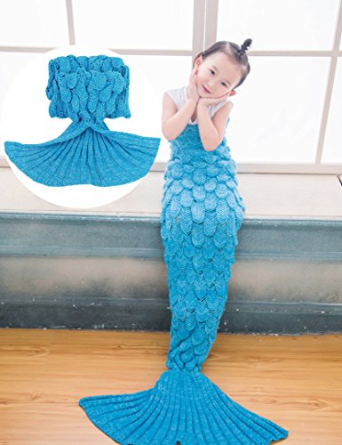 Mermaid Tail Blanket Crochet Mermaid Blanket for Adult and Kids, All Seasons Sleeping Blankets, Warm Soft Living Room Sleeping Bag,Birthday Christmas Gift (Kids, Sky Blue)